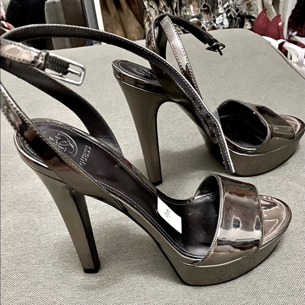 Pewter ankle strap platform heels